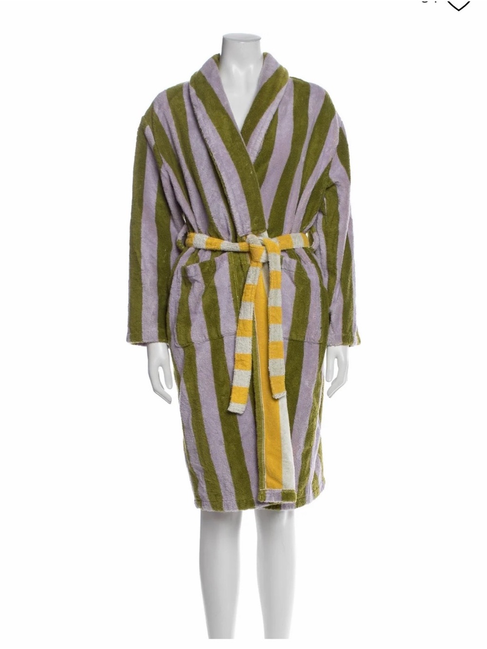 Dusen Dusen Striped Plush Robe in Olive Green, Lavender & Yellow
